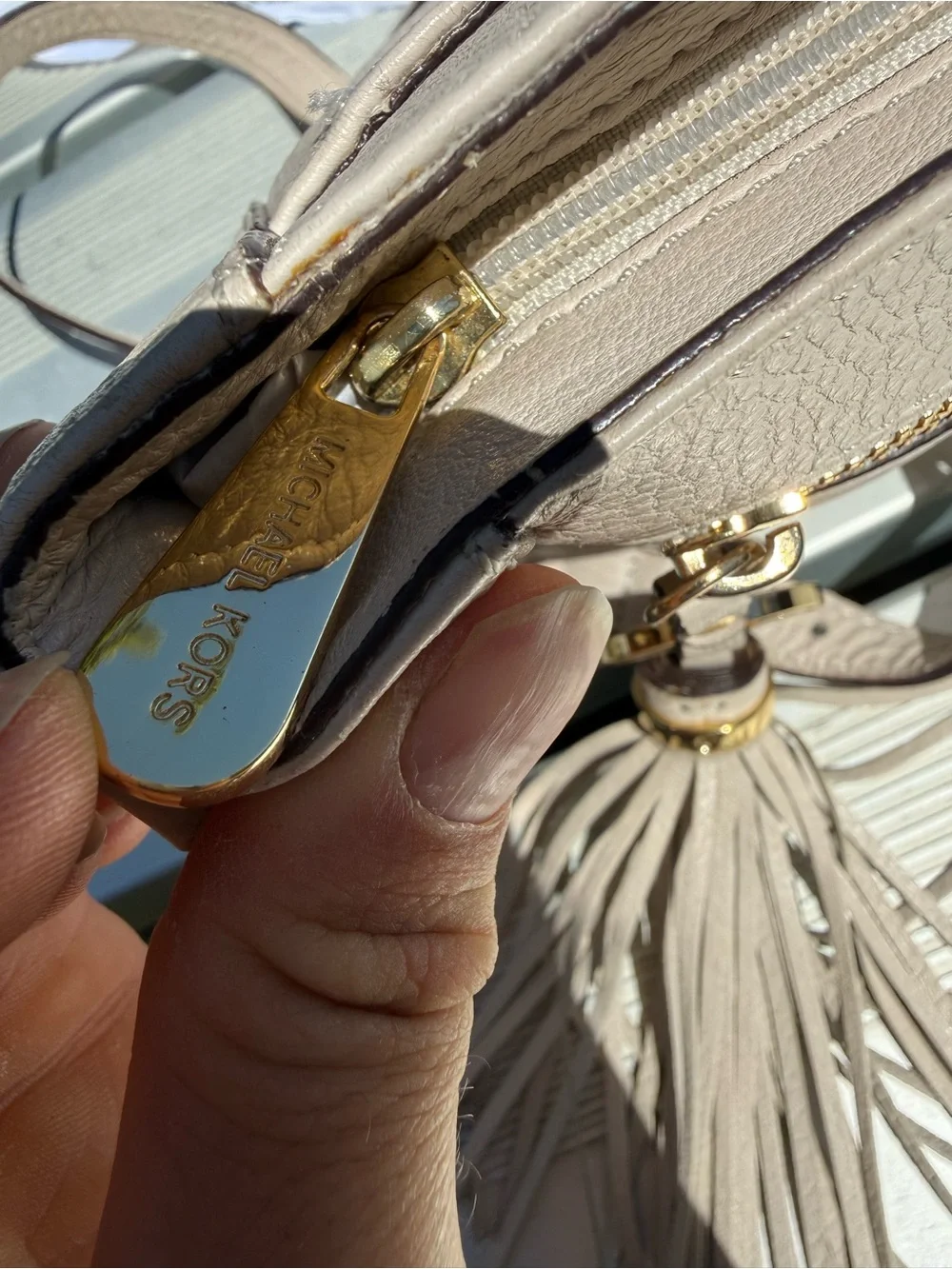 Michael Kors Pebbled Leather Crossbody in Light Taupe with Gold Hardware